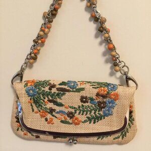 Rafe Multicolor Floral Embroidered Straw Clutch Purse with Kiss Lock Closure